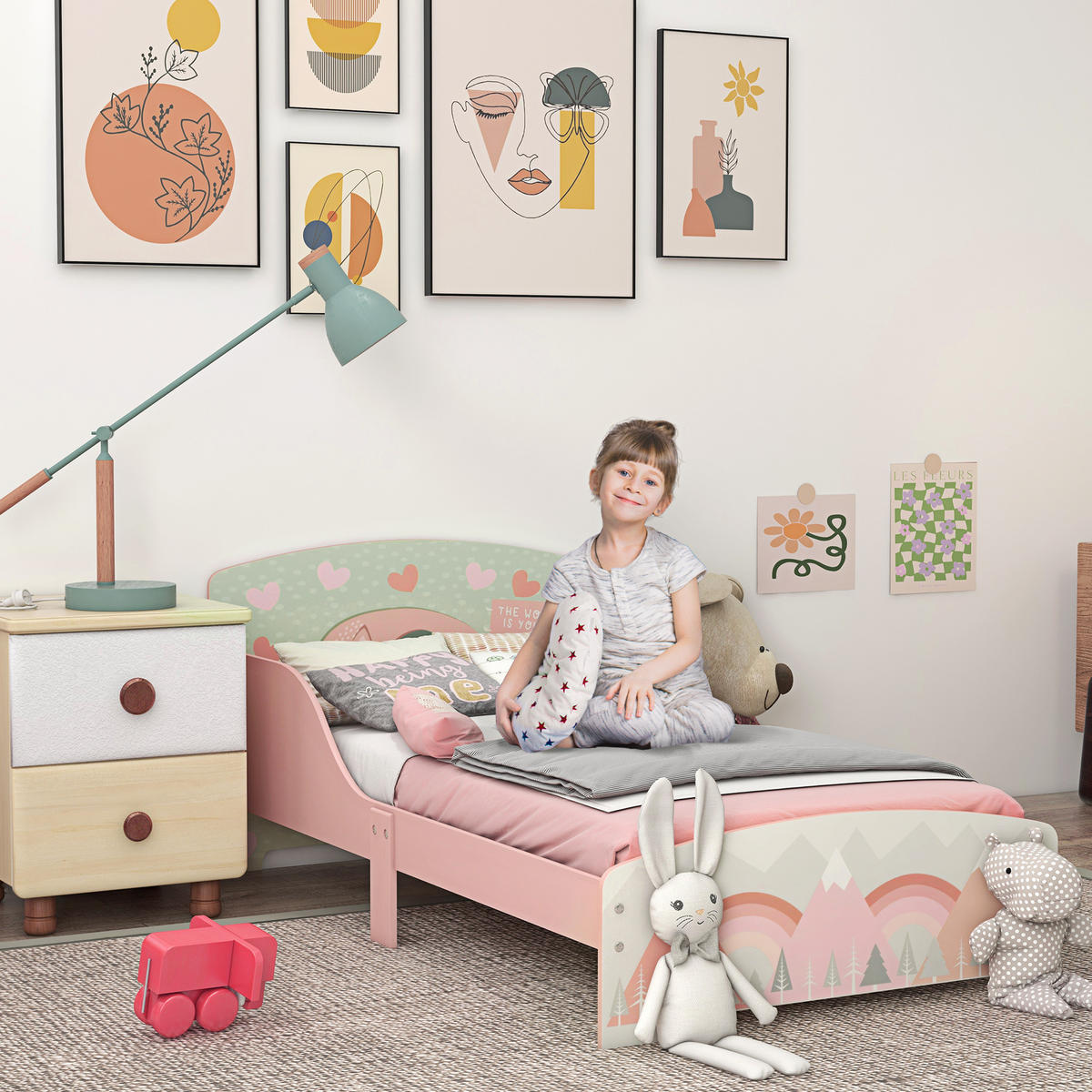 KINDERBETT 140x70 cm DE-14625 mit Sicherheitsbarrieren und Tiermotiv Rosa - Pink, Holzwerkstoff (70/140cm) - ComfortXL