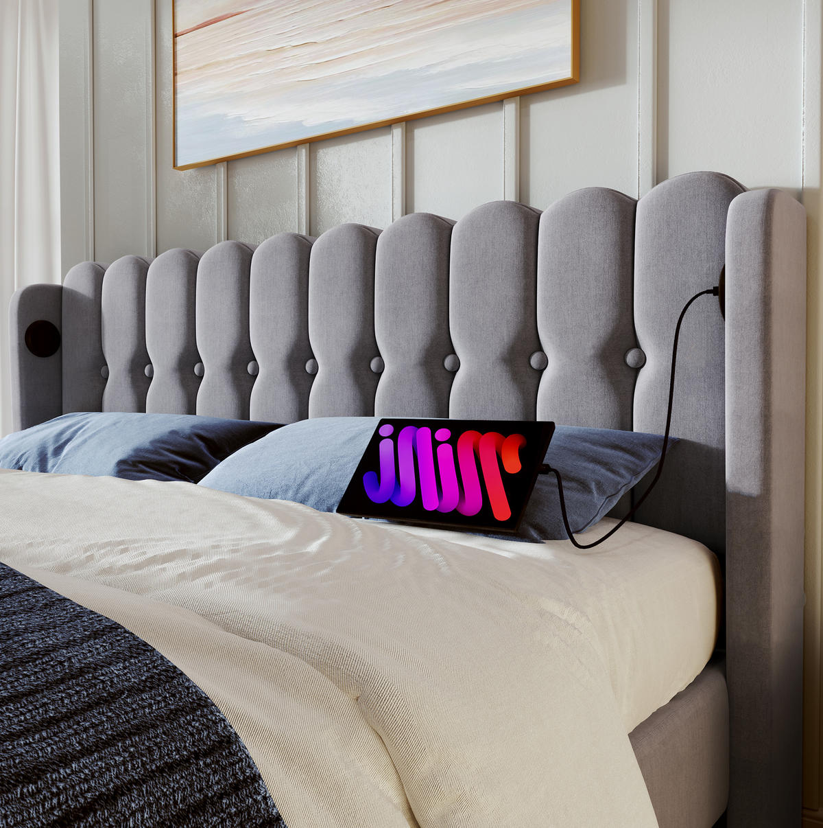 POLSTERBETT 140/200 cm Grau aus Leinen mit USB- und Typ-C-Ladefunktion - Grau, Textil (140/200cm) - OKMYHOME