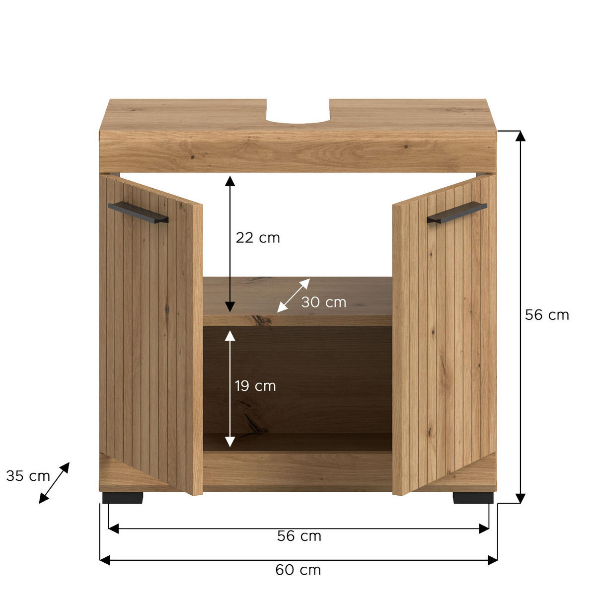 WASCHBECKENUNTERSCHRANK Eiche Artisan 60 cm, Badezimmer Unterschrank 2-türig - Schwarz/Eiche Artisan, Holzwerkstoff/Kunststoff (60/56/34cm) - Inn.Furn
