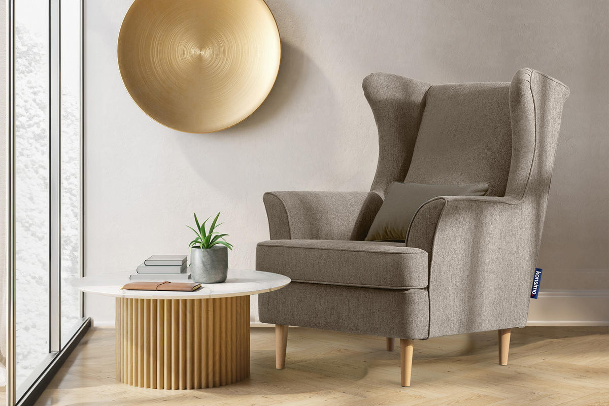OHRENSESSEL STRALIS inklusive dekorativem Kissen, hellbraun - Hellbraun, Textil (82/108/80cm) - KONSIMO®