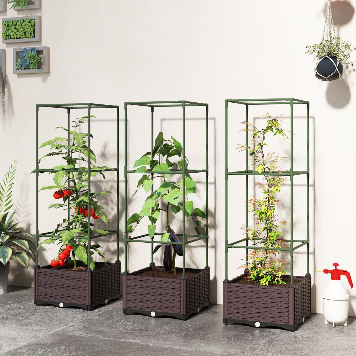 HOCHBEET mit Rankgitter 3er Set Pflanzkasten Blumenkasten mit Abflusslöchern - Grün, Metall (40/125/40cm) - Outsunny