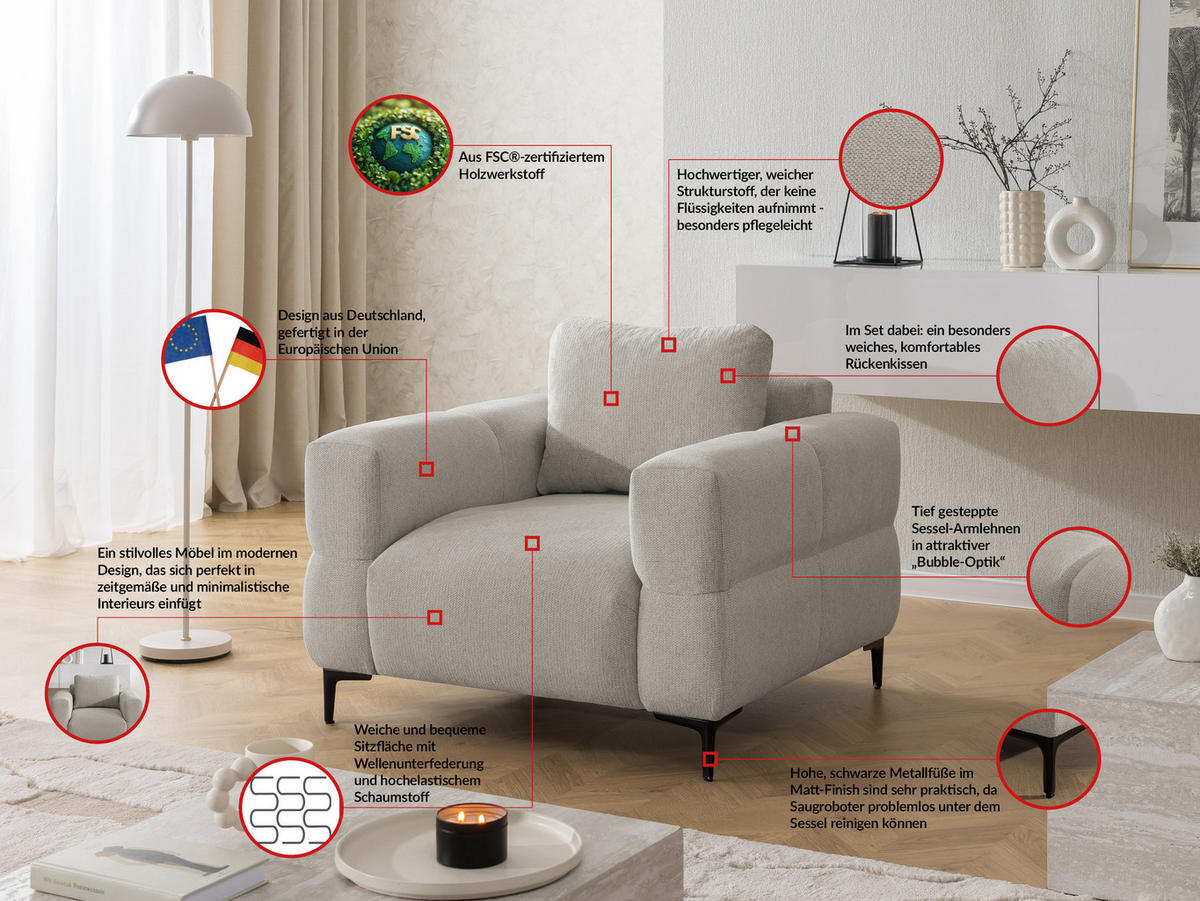 SITZGARNITUR 3+1 Cardea in Bubble-Optik aus weichem Taupe Strukturstoff mit hohem Sitzkomfort - Taupe/Schwarz, Holz/Textil (217/80/97cm) - S-Style Möbel