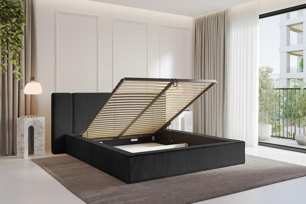 POLSTERBETT mit Bettkasten und Lattenrost, Bett mit Matratze H3/H4 - RIVO 120x200 Schwarz - Schwarz, Holzwerkstoff/Textil (120/200cm) - ALTDECOR