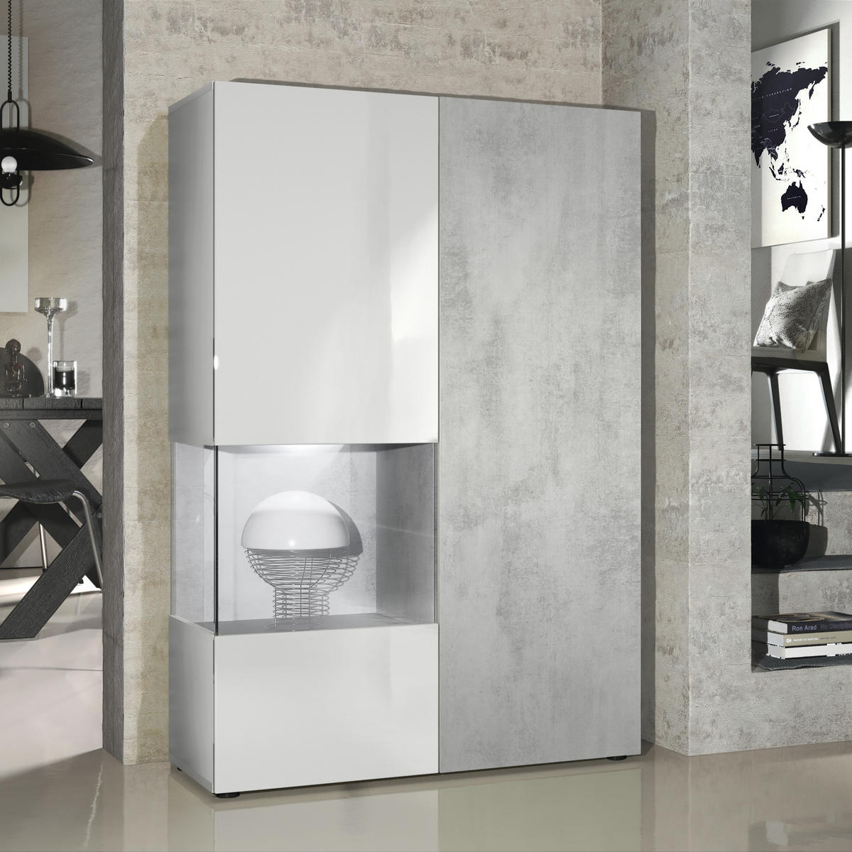VITRINE Morena Tür und Einsatz in Beton Oxid Optik - Hellgrau, Holzwerkstoff (91.5/136.5/37cm) - Vladon
