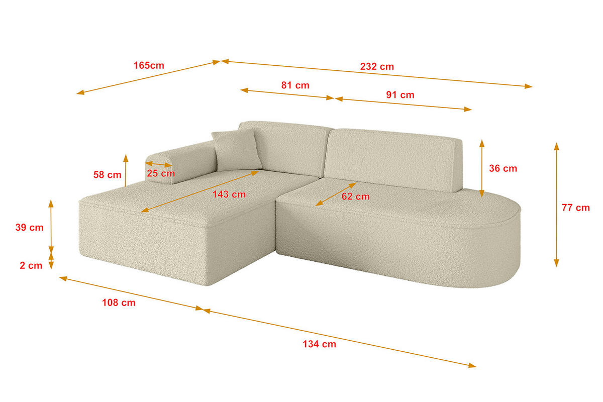 ECKSOFA Ottomane Links IREA-L1-v3 - 232x165x77 cm Beige - Hellbraun/Creme, Holzwerkstoff/Textil (232/165cm) - ALTDECOR