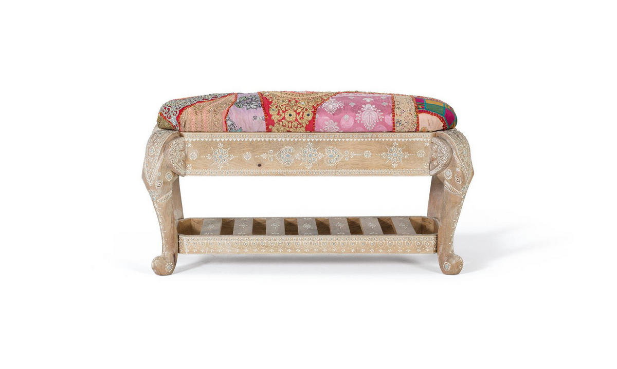 SITZBANK aus Mangoholz mit mehrfarbigem Patchwork-Stoffbezug - Perlmutt, Holz (38/45/90cm) - Giner y Colomer
