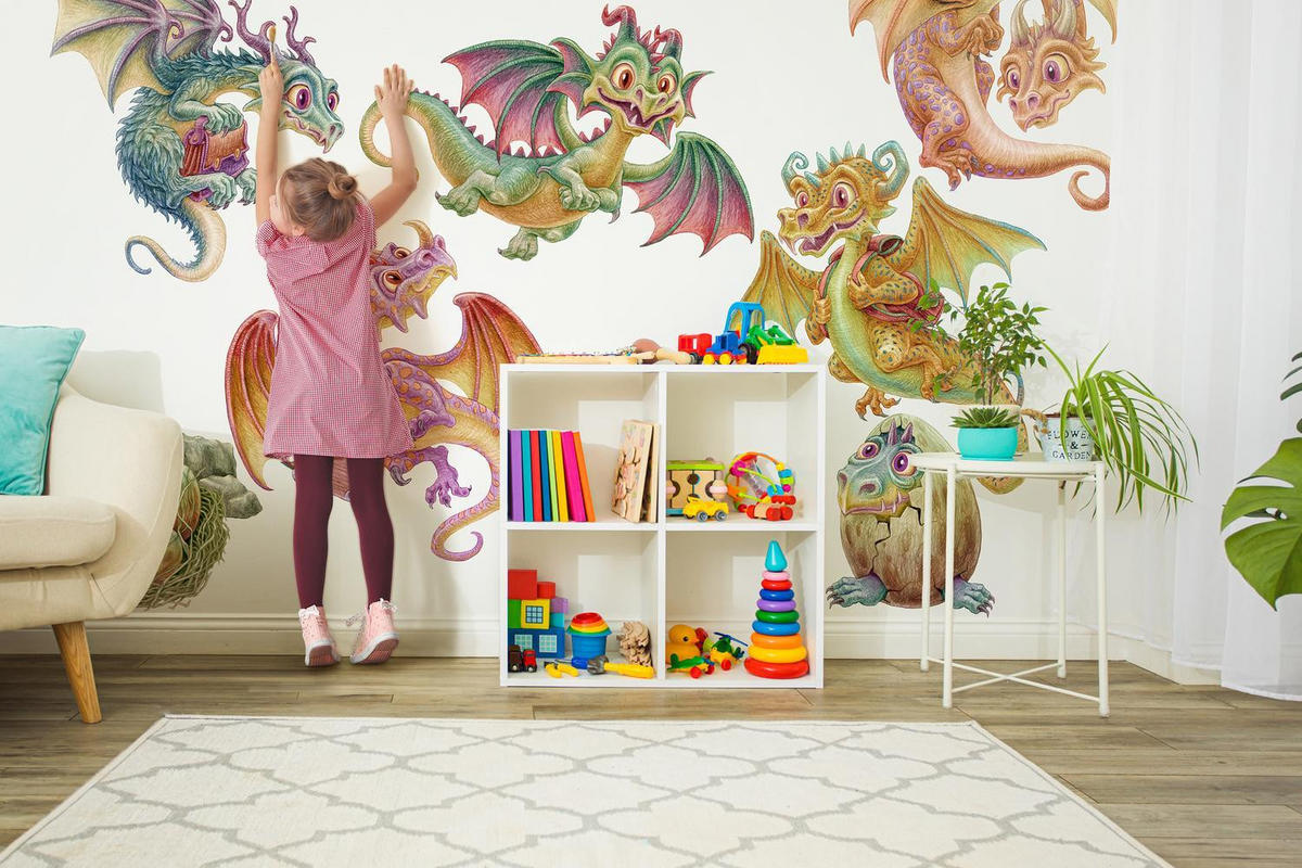 WANDAUFKLEBER 130x111cm - Kleine Drachen - Multicolor, Kunststoff (130/111/0.1cm) - Wallfluent
