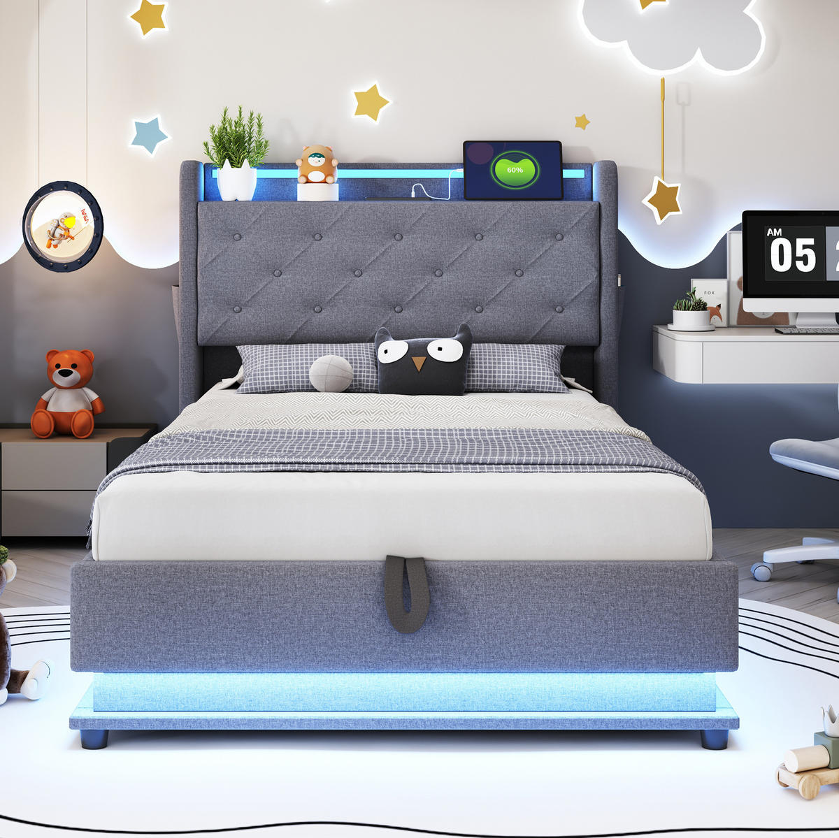 KINDERBETT 90/200 cm aus Leinenstoff mit LED-Beleuchtung, USB-Anschlüssen und hydraulischem Stauraum Grau - Grau, Textil (90/200cm) - Modenvie