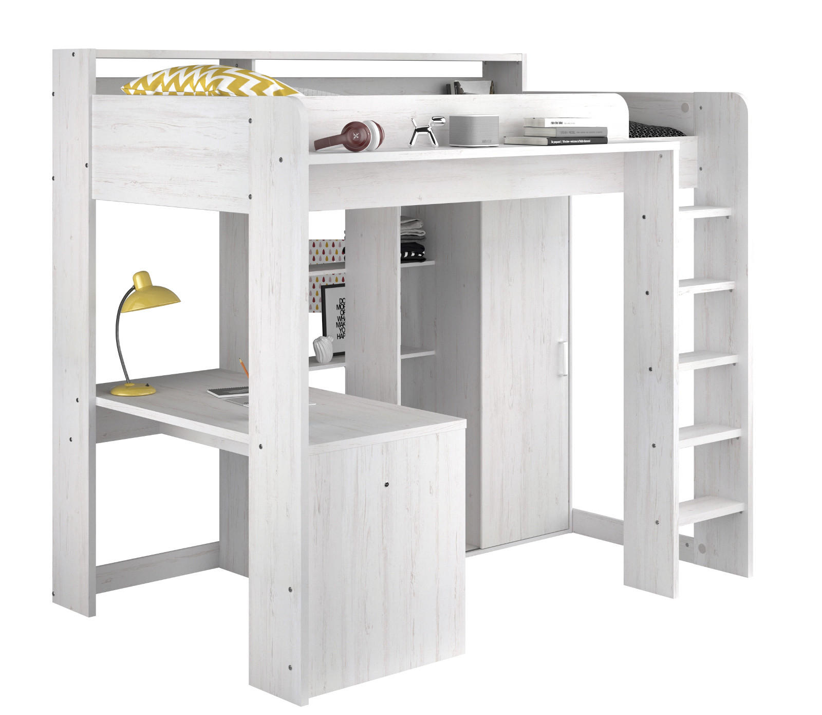 HOCHBETT mit Kleiderschrank und Schreibtisch Bett 90 x 200 cm - Weiß/Kieferfarben, Holzwerkstoff/Kunststoff (90/200cm) - Parisot Meuble