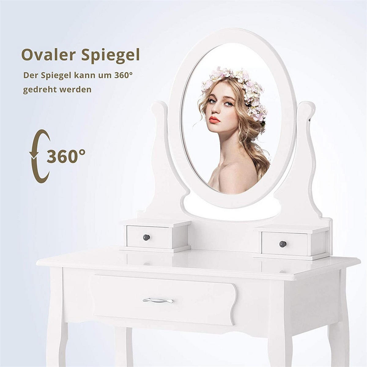 SCHMINKTISCH mit 360° drehbarem ovalem Spiegel - Frisiertisch mit 3 Schubladen und gepolstertem Hocker - Weiß - Weiß, Holzwerkstoff (40/136/75cm) - DELFA