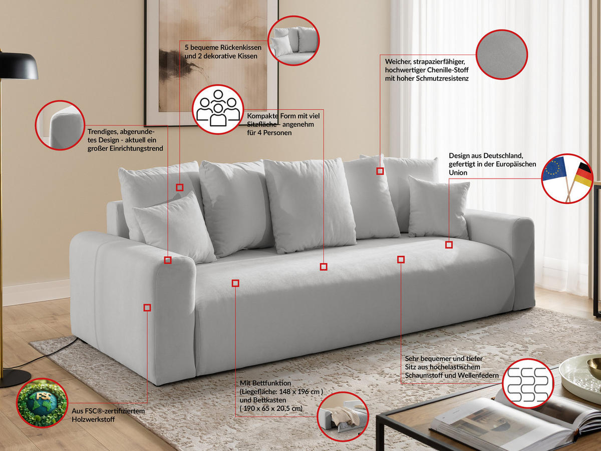 SCHLAFSOFA Calma mit Bettkasten im Bumpy-Design aus weichem Grau Webstoff - Schwarz/Grau, Holz/Kunststoff (239/88/98cm) - S-Style