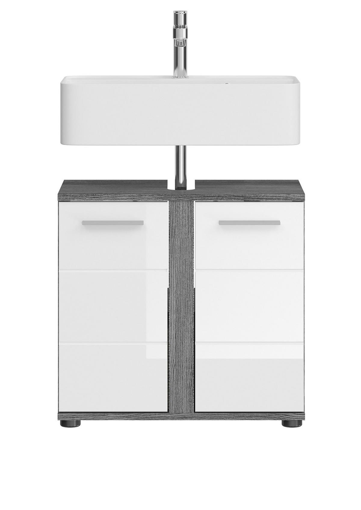 WASCHBECKENUNTERSCHRANK weiß Hochglanz, grau 60 cm, Badezimmer Unterschrank 2-türig - Weiß Hochglanz/Silberfarben, Holzwerkstoff/Kunststoff (60/57/34cm) - Inn.Furn