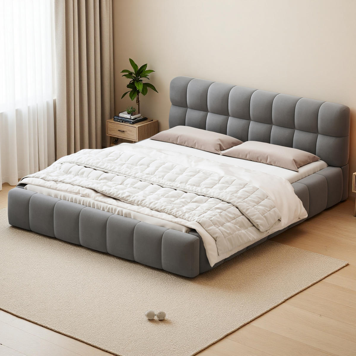 POLSTERBETT 160x200 cm Bubble Design Lattenrost Rückenlehne Leinen grau - Grau, Holz (160/200cm) - LEBENLANG