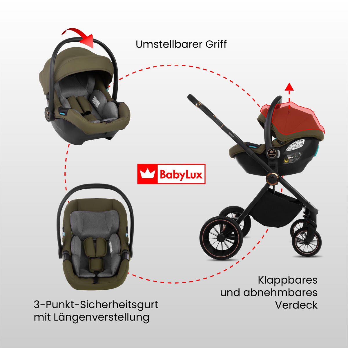 KINDERWAGEN Castor 4in1 Olive Babywanne, Reisebuggy, Autositz, Isofix Basis - Schwarz/Olivgrün, Textil/Metall (58/98cm) - BabyLux