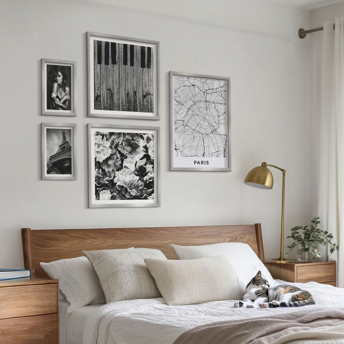 WANDBILDER 5er Set - 50x50 cm & 20x30 cm & 40x60 cm Silberner Rahmen - Porträt einer Frau mit einer Eiffel-Rose - Silberfarben, Kunststoff (40/60cm) - ArtPrintCave