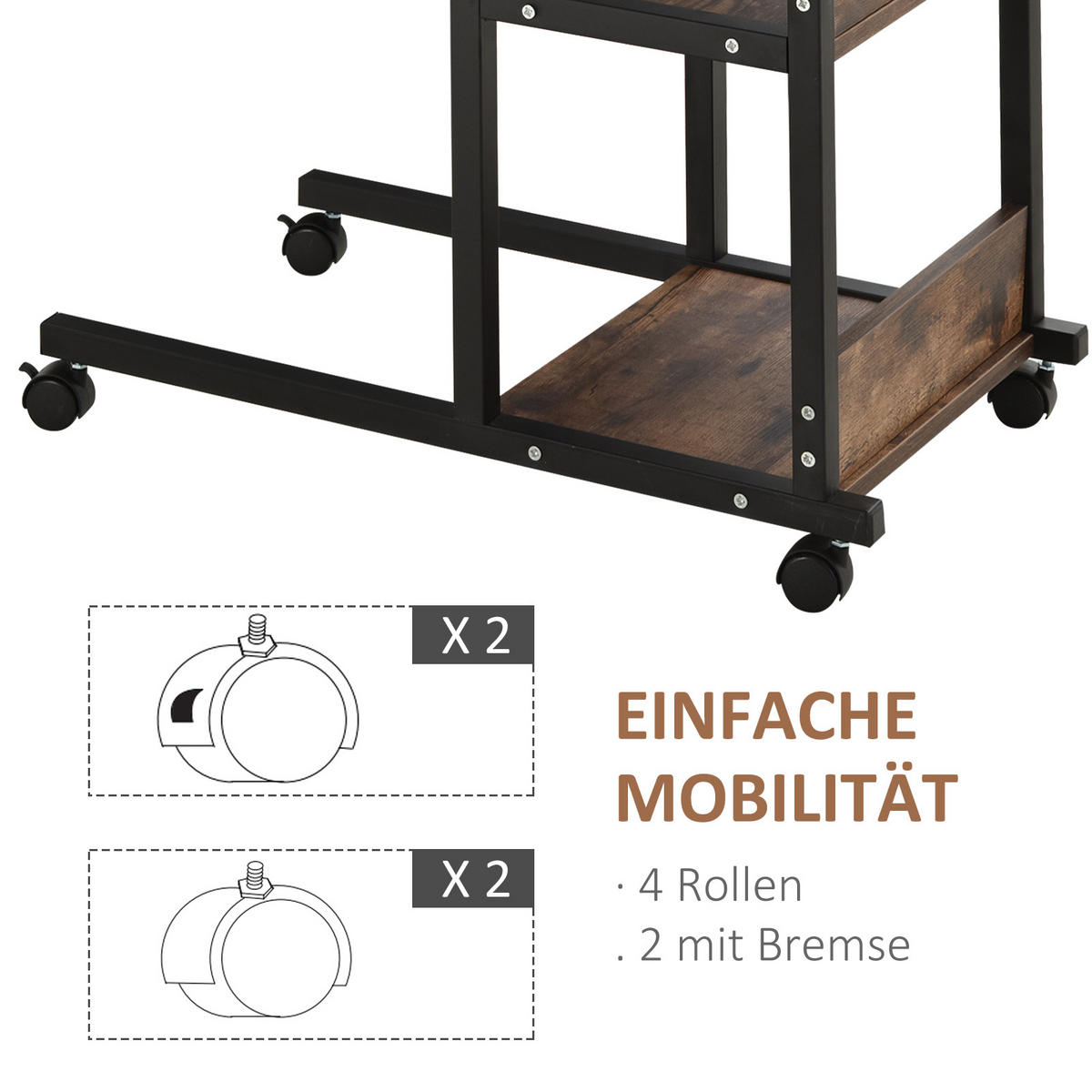 BEISTELLTISCH Couchtisch mit Rollen höhenverstellbar 2 untere Regale Esszimmer - Dunkelbraun, Kunststoff (80/40/82cm) - HOMCOM