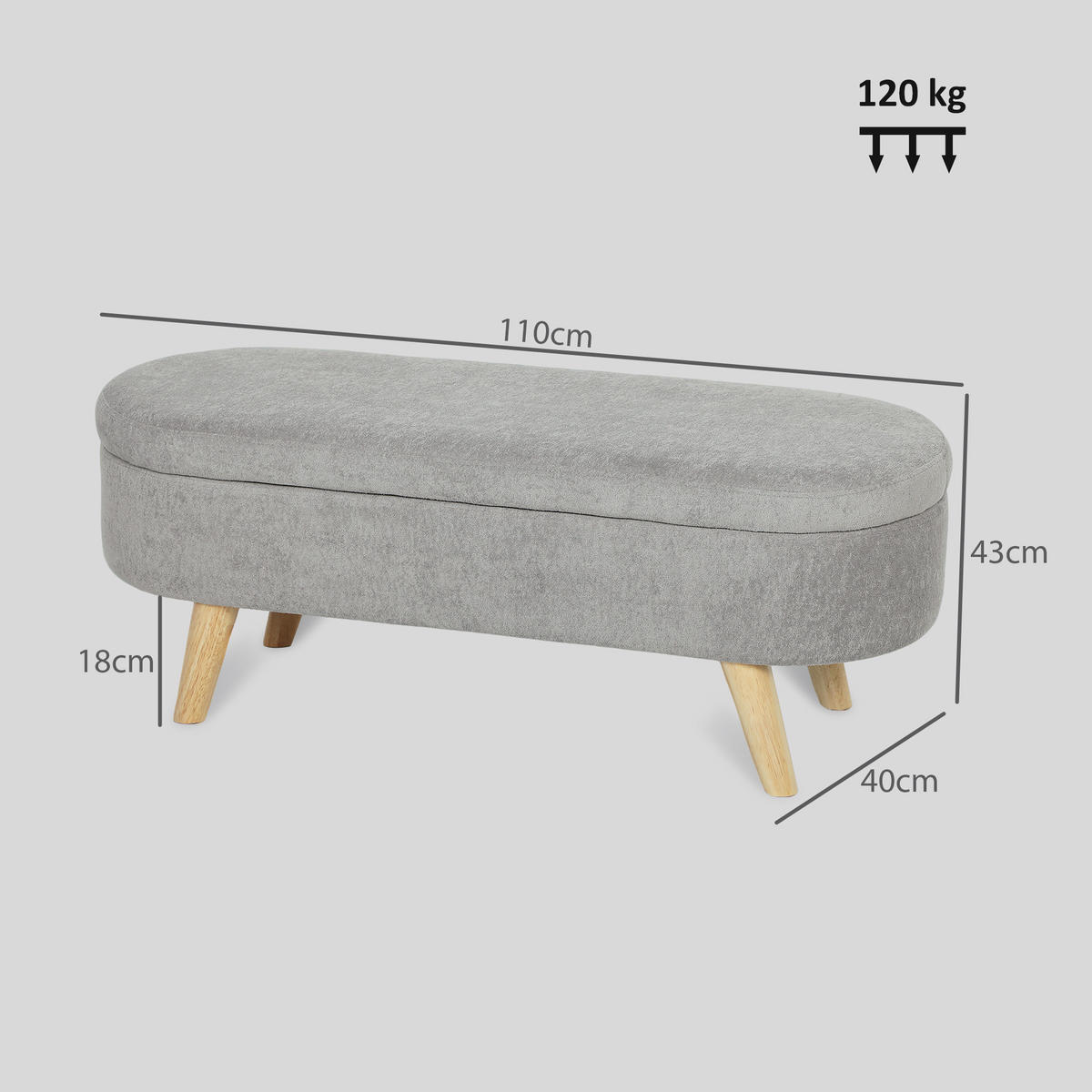 TRUHENBANK DE-12944 Stauraum und Holzbeine Hellgrau - Hellgrau, Textil (110/43/40cm) - ComfortXL