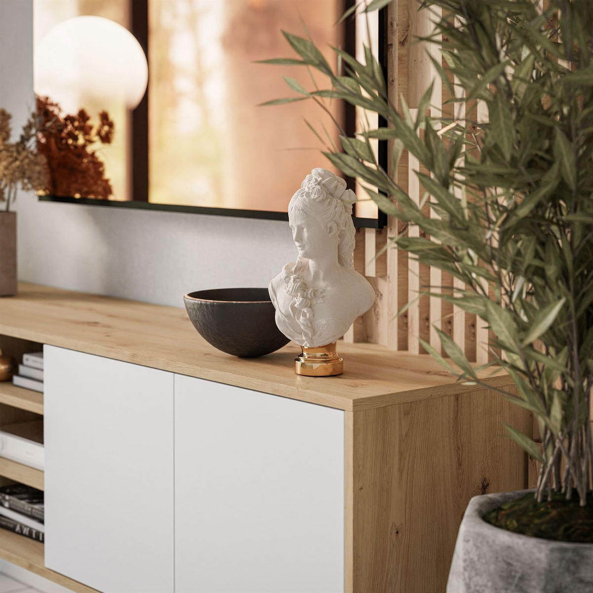 TV-ELEMENT SANAYI Hängend mit Regalen Eiche Artisan/Weiß - Weiß, Holzwerkstoff (156/41/38cm) - Lookway