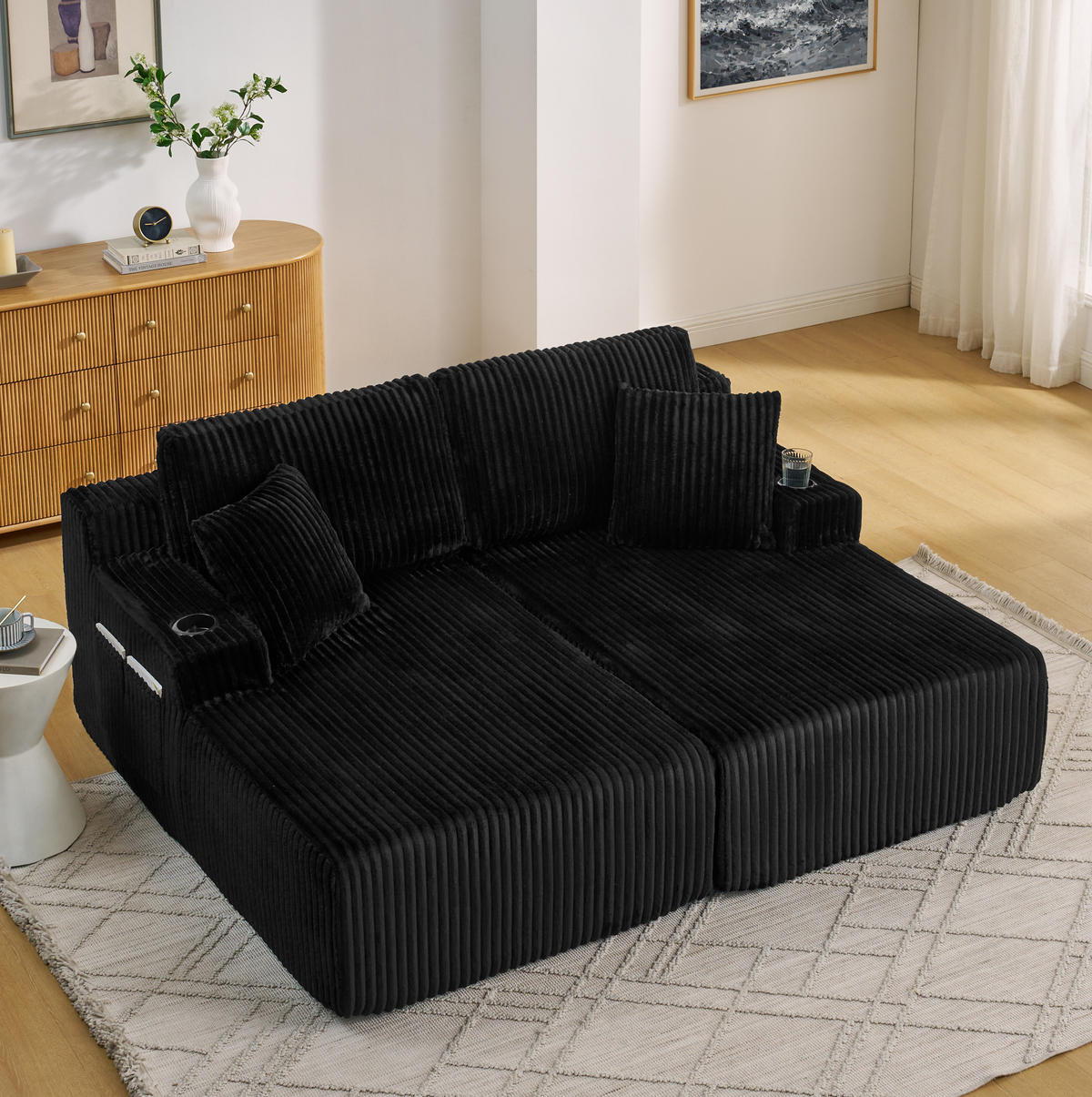 SCHLAFSOFA multifunktional als 2-Sitzer, Relaxsessel mit Magazintasche, Getränkehalter und Kissen, Schwarz - Schwarz, Kunststoff (186/78/154cm) - Redom