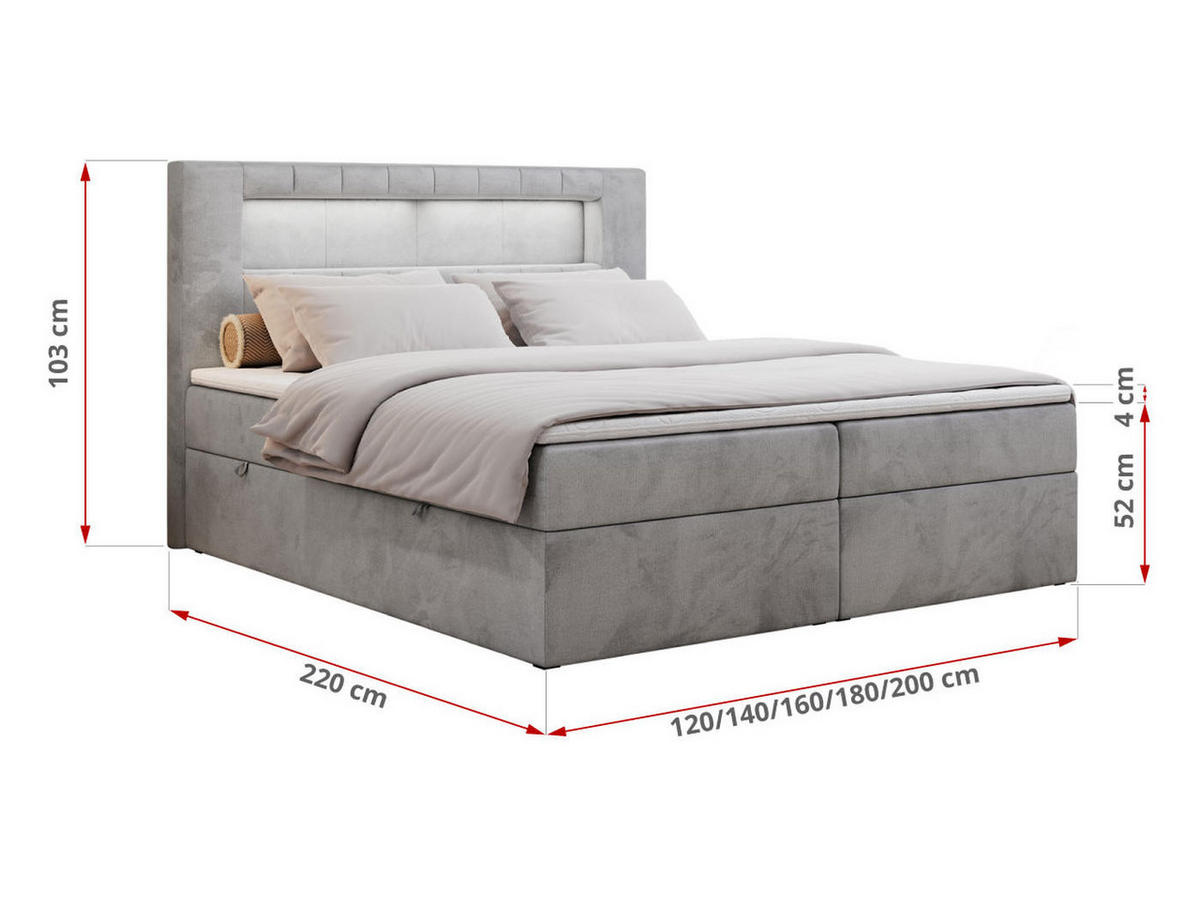 BOXBETT GOLD-5 LED 200/200 Hellgrau Velvet - H3 - Hellgrau, Holz/Textil (200/200cm) - MKS