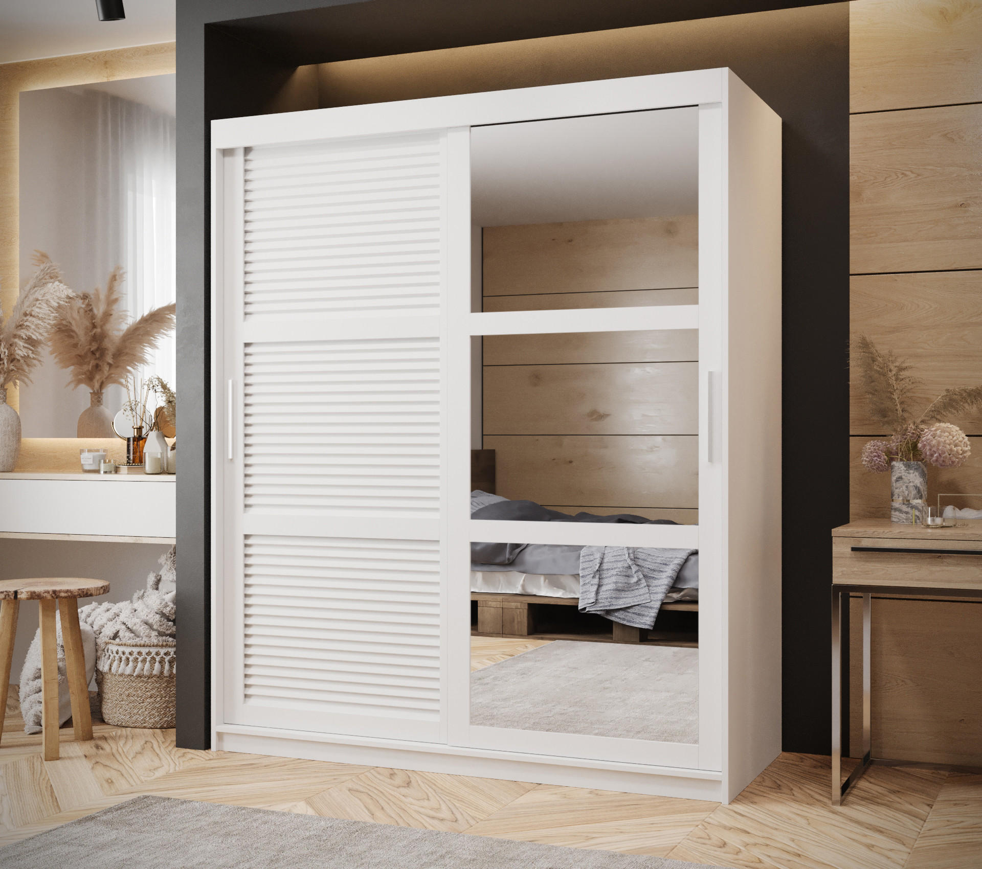 SCHWEBETÜRENSCHRANK 200/150/62 2-türig - Silberfarben/Weiß, Holz/Kunststoff (150/200/62cm) - MÖBEL KRYSPOL