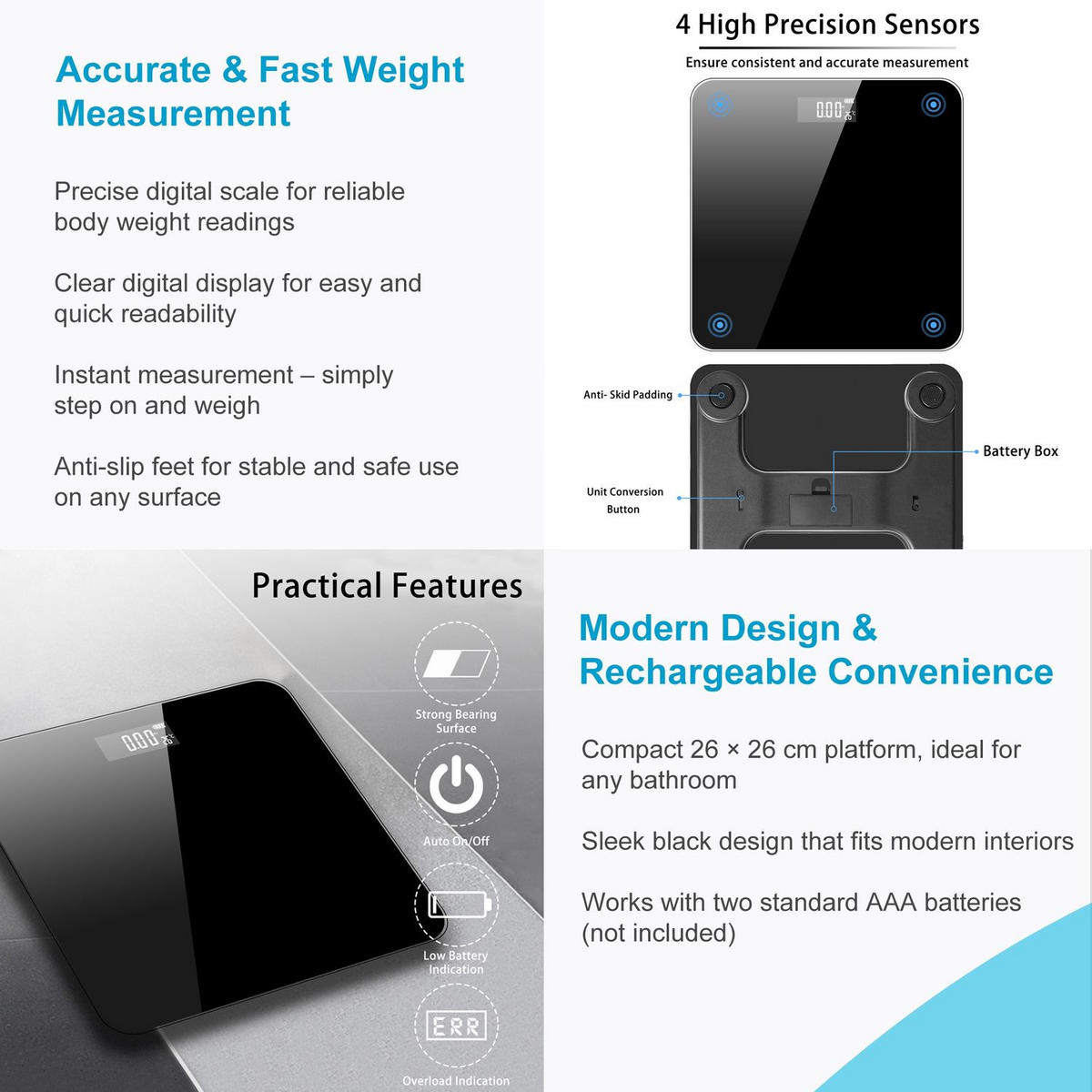 KÖRPERWAAGE Badezimmer 26 x 26 cm - Schwarz, Glas (26/26/1cm) - Intirilife