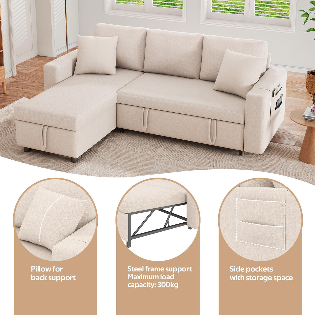 SCHLAFSOFA L-Form mit Stauraum und wechselbarer Chaiselongue, Beige - Beige, Textil (219.5/83/142.5cm)