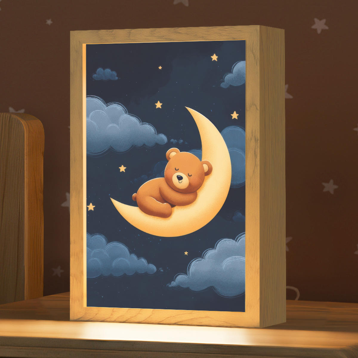 NACHTTISCHLAMPE Teddybär - Mond - Wolken - Sterne 20x30 cm - Dunkelblau, Holzwerkstoff (8/20/30cm)