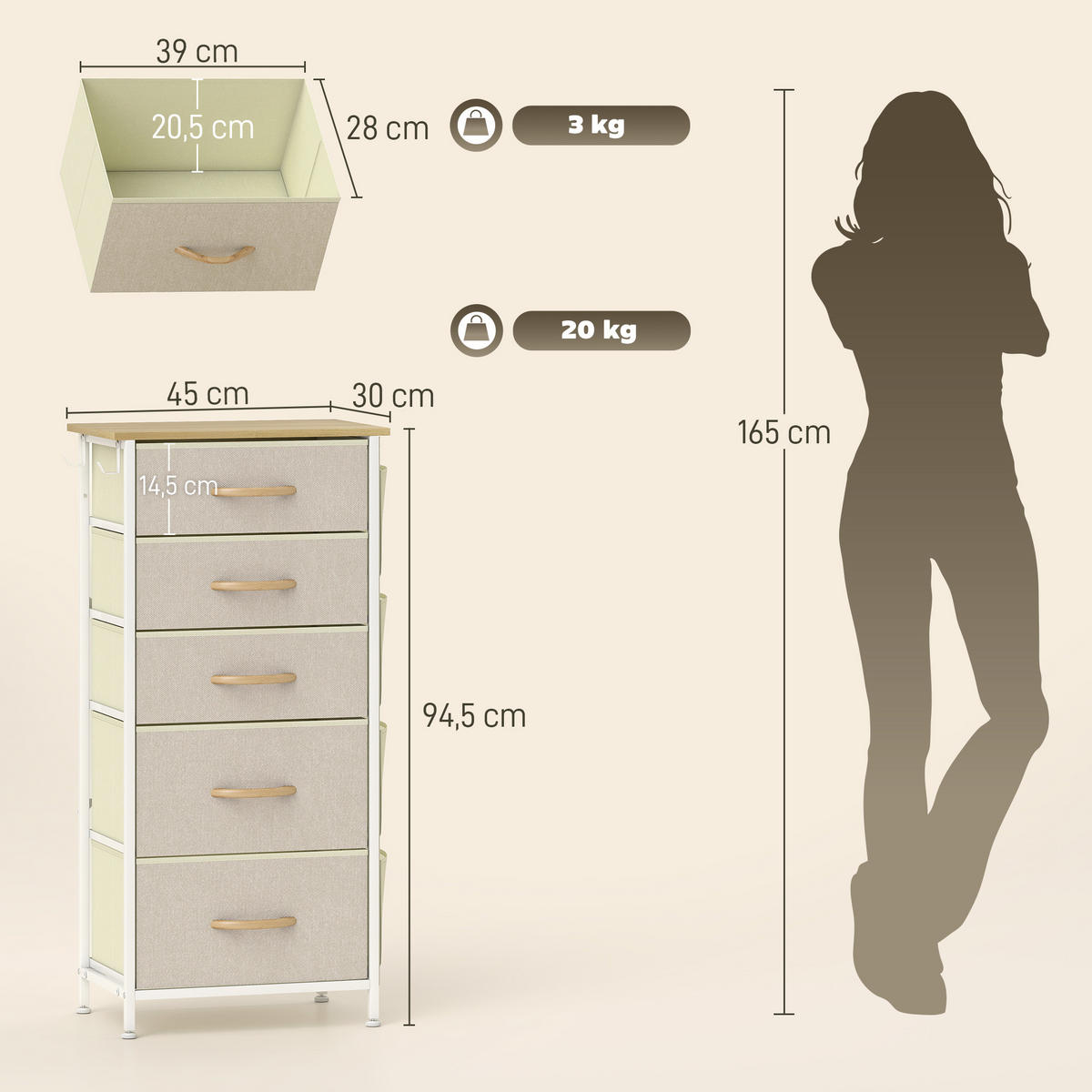 KOMMODE mit 5 Schubladen aus Vliesstoff Beige - Beige/Naturfarben, Holz/Textil (30/94.5/45cm) - HOMCOM
