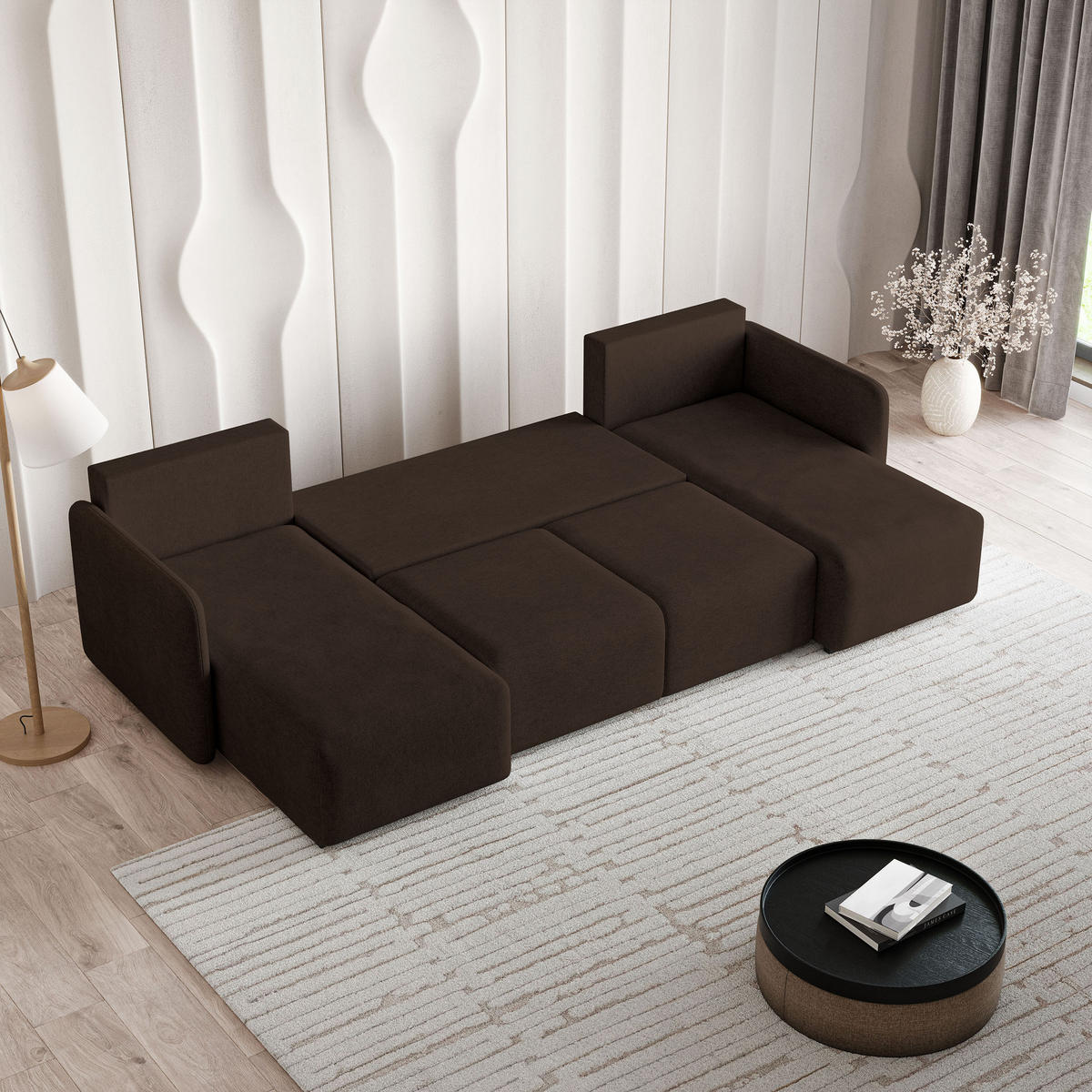 WOHNLANDSCHAFT NUBERO Braun Geflochtener Stoff mit Schlaffunktion - Braun, Holz (285/85/143cm) - MASSENO