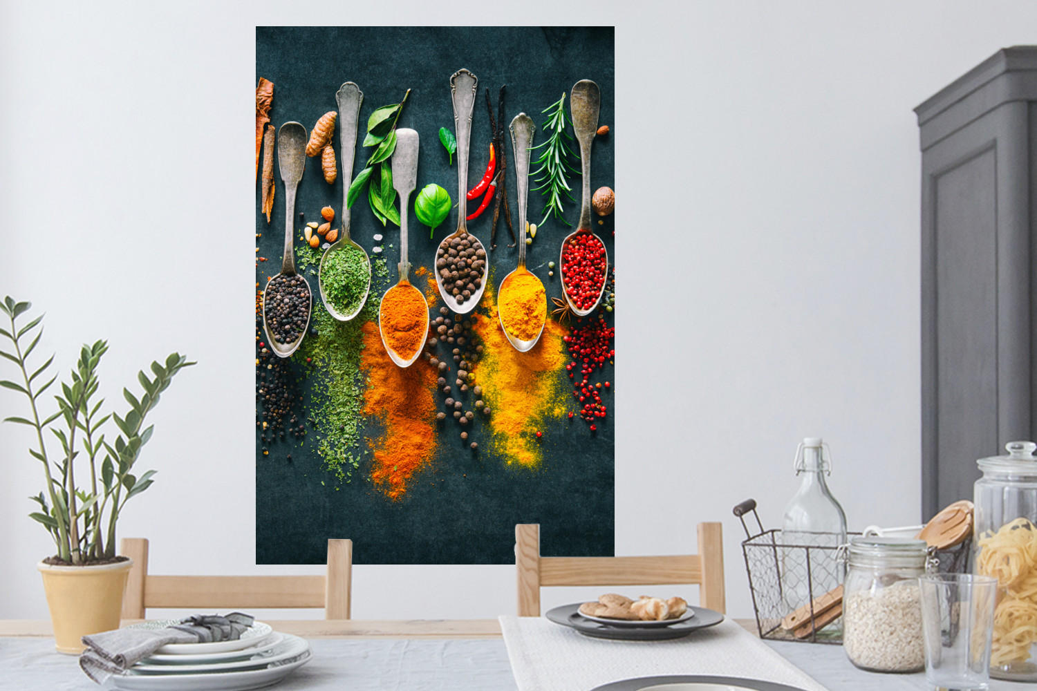 WANDTATTOO Kräuter - Gewürze - Löffel 80x120 cm - Currygelb, Kunststoff (80/120/0.1cm) - MuchoWow