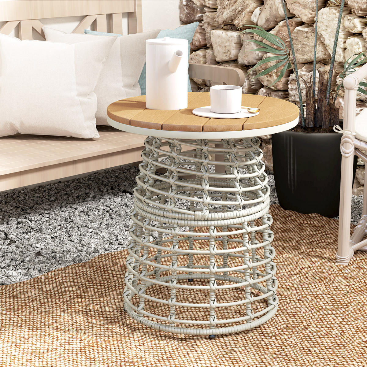 GARTENBEISTELLTISCH DE-13611 rund mit Composite-Platte, PE-Rattanoptik Grau - Grau, Kunststoff/Metall (45/45/50cm) - ComfortXL