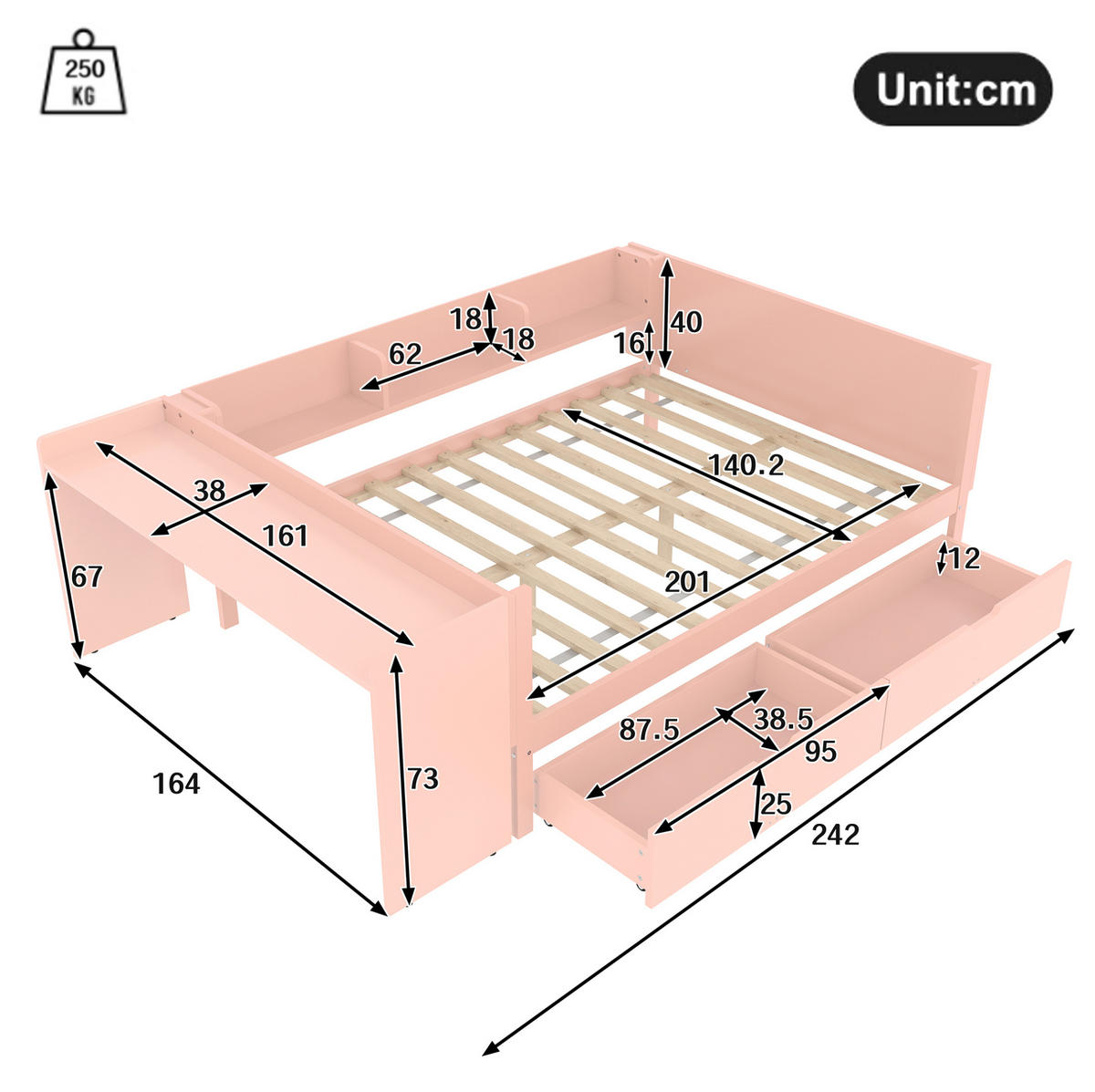 KINDERBETT aus Kiefer und Spanplatte 140x200 cm Weiß/Rosa mit Schreibtisch, 2 Schubladen und 3 Regalen - Rosa, Holzwerkstoff (140/200cm) - Modfu
