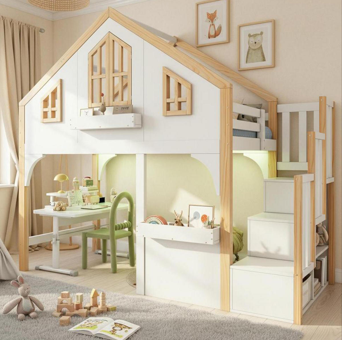 ETAGENBETT 90/200 cm Weiß aus Kiefernholz mit Stauraumtreppe und LED-Beleuchtung - Weiß, Holzwerkstoff (90/200cm) - OKWISH