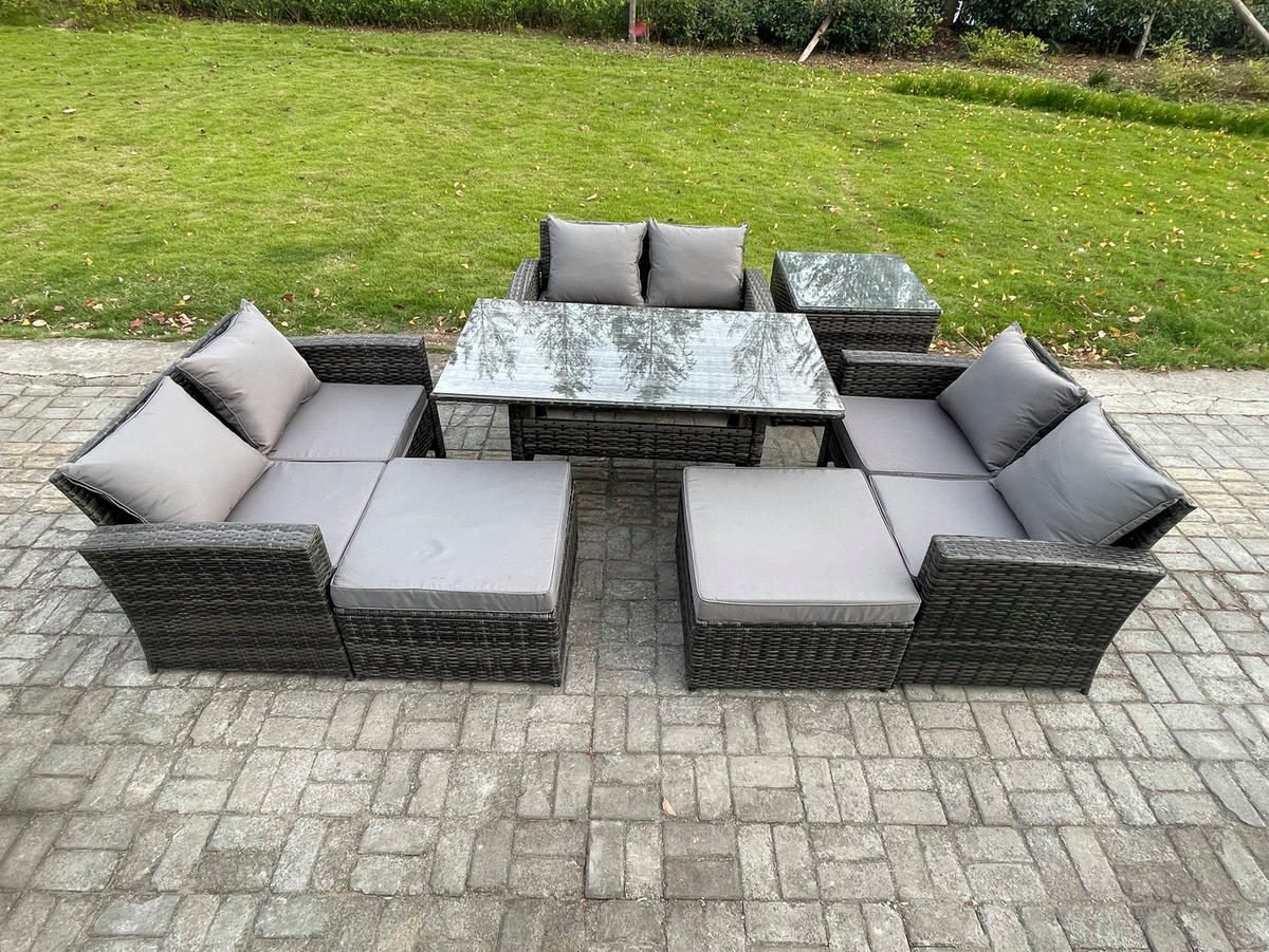GARTENMÖBELSET mit Zweisitzer,2 Hockern,Esstisch,Beistelltisch Polyrattan Dunkelgrau 8-Sitzer - Dunkelgrau/Grau, Glas/Kunststoff - Fimous