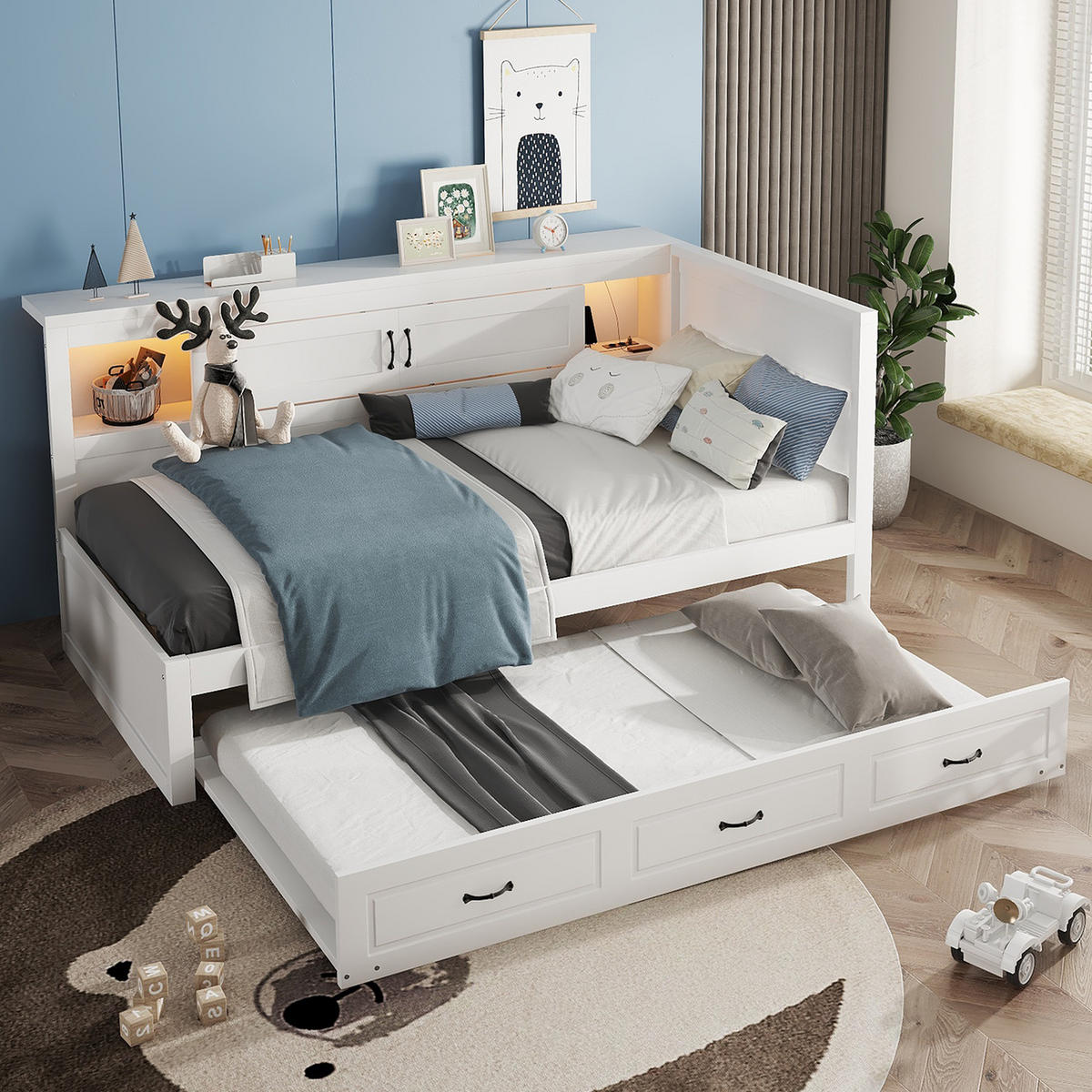 SCHLAFSOFA 90x200cm Weiß LED-Licht Bettseite Staufach Ausziehbett USB - Weiß, Holz (90/200cm) - FLIEKS