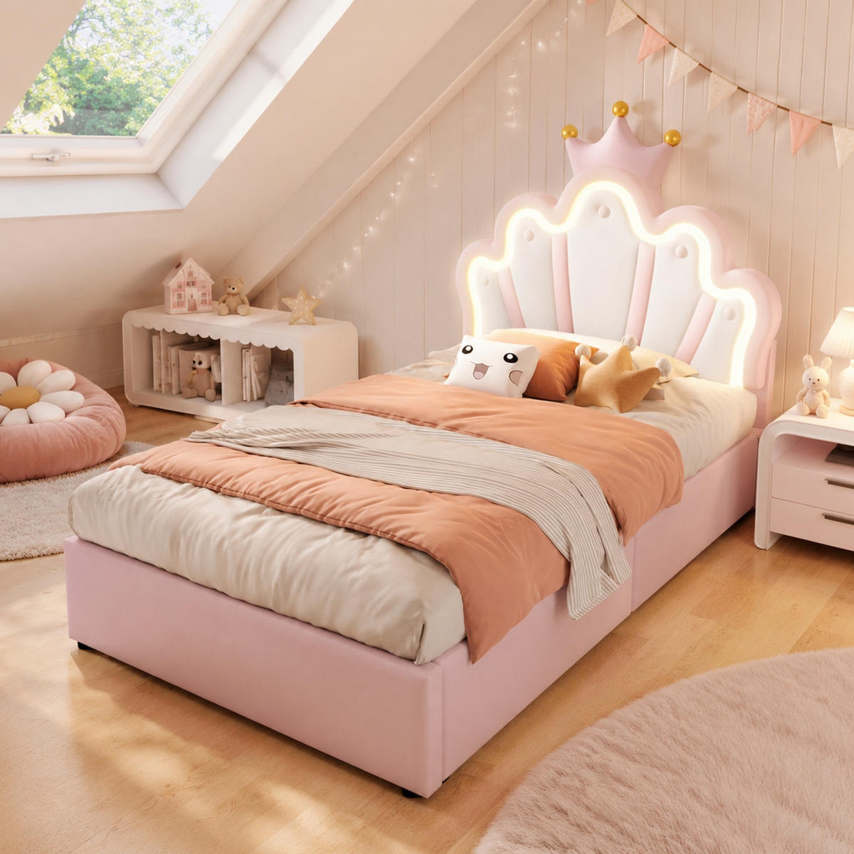KINDERBETT 90/200 mit Bettkasten, LED, hydraulischer Hebefunktion und verstellbarem Kopfteil in Rosa - Rosa, Holzwerkstoff/Textil (90/200cm) - EVRYAE