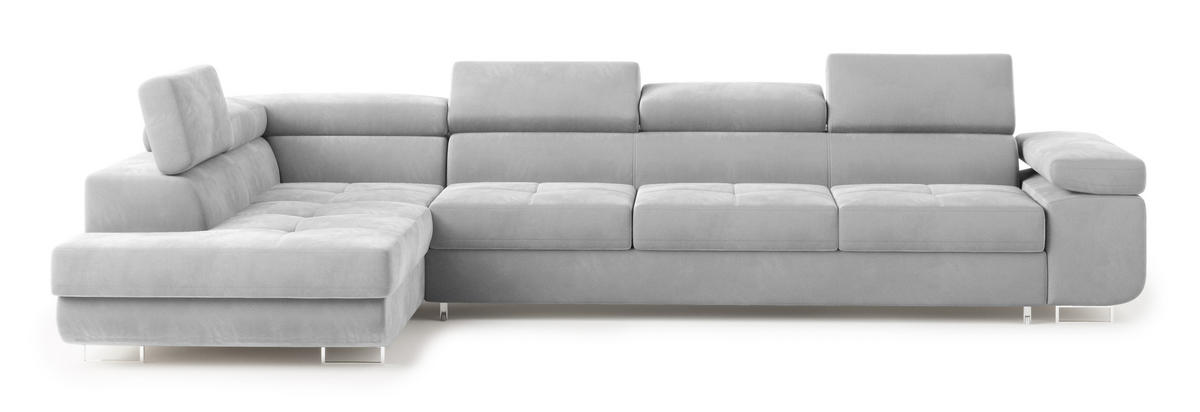 ECKSOFA VICENTE Hellgrau Velours-Stoff mit Schlaffunktion - Hellgrau, Holz (346/202cm) - MASSENO