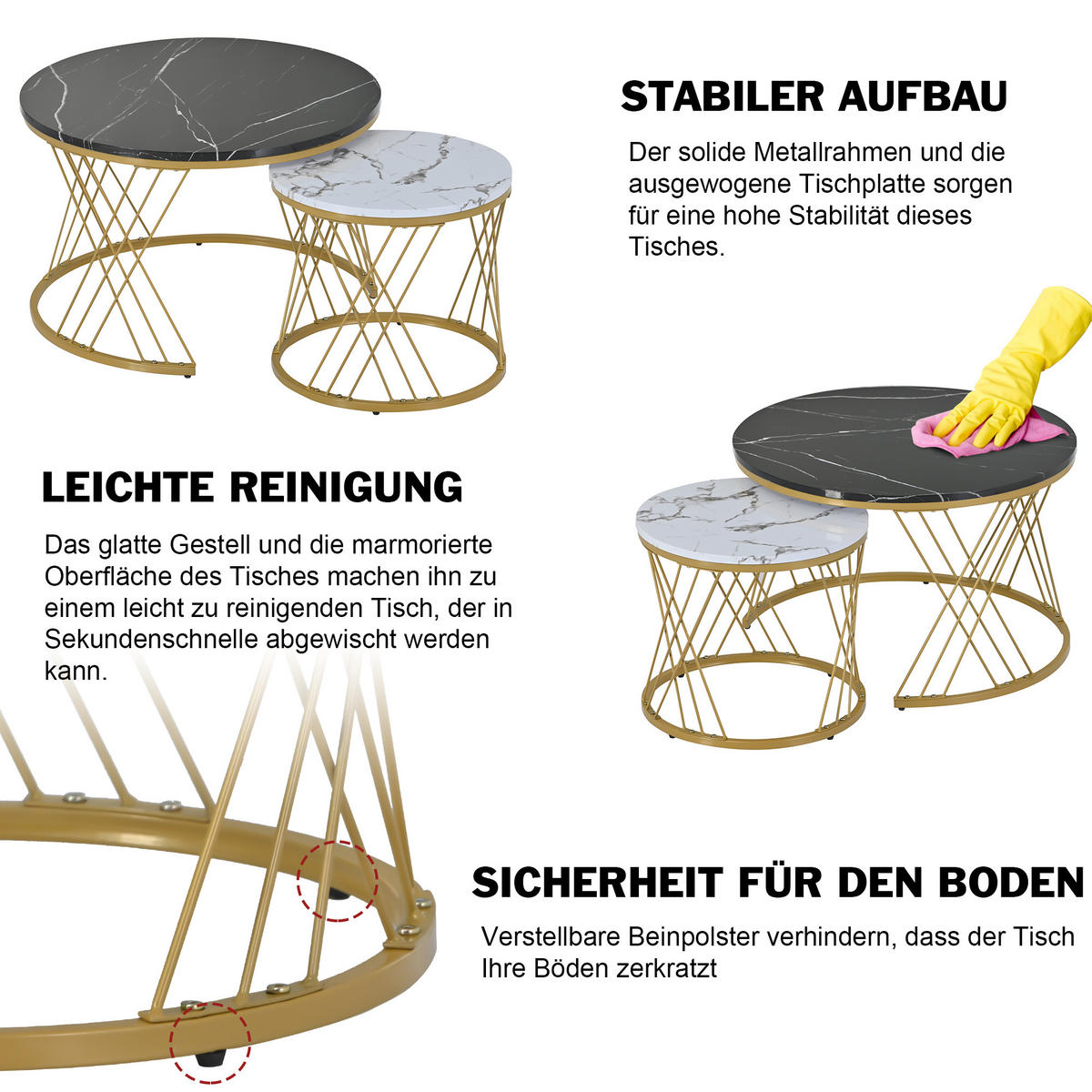 COUCHTISCH in Schwarz und Weiß Nesting-Kaffeetisch, Satz von 2, für Wohnzimmer, B70/T70/H45cm - Goldfarben/Schwarz, Holzwerkstoff/Metall (70/70/45cm) - STILVORA