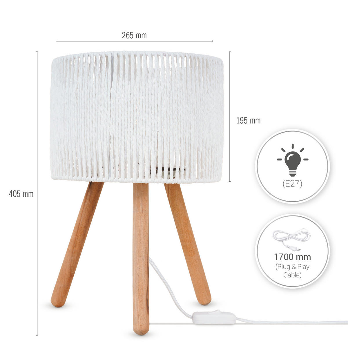 TISCHLAMPE Pita Tl - Weiß, Holz (26.5/26.5/40.5cm) - Paco Home