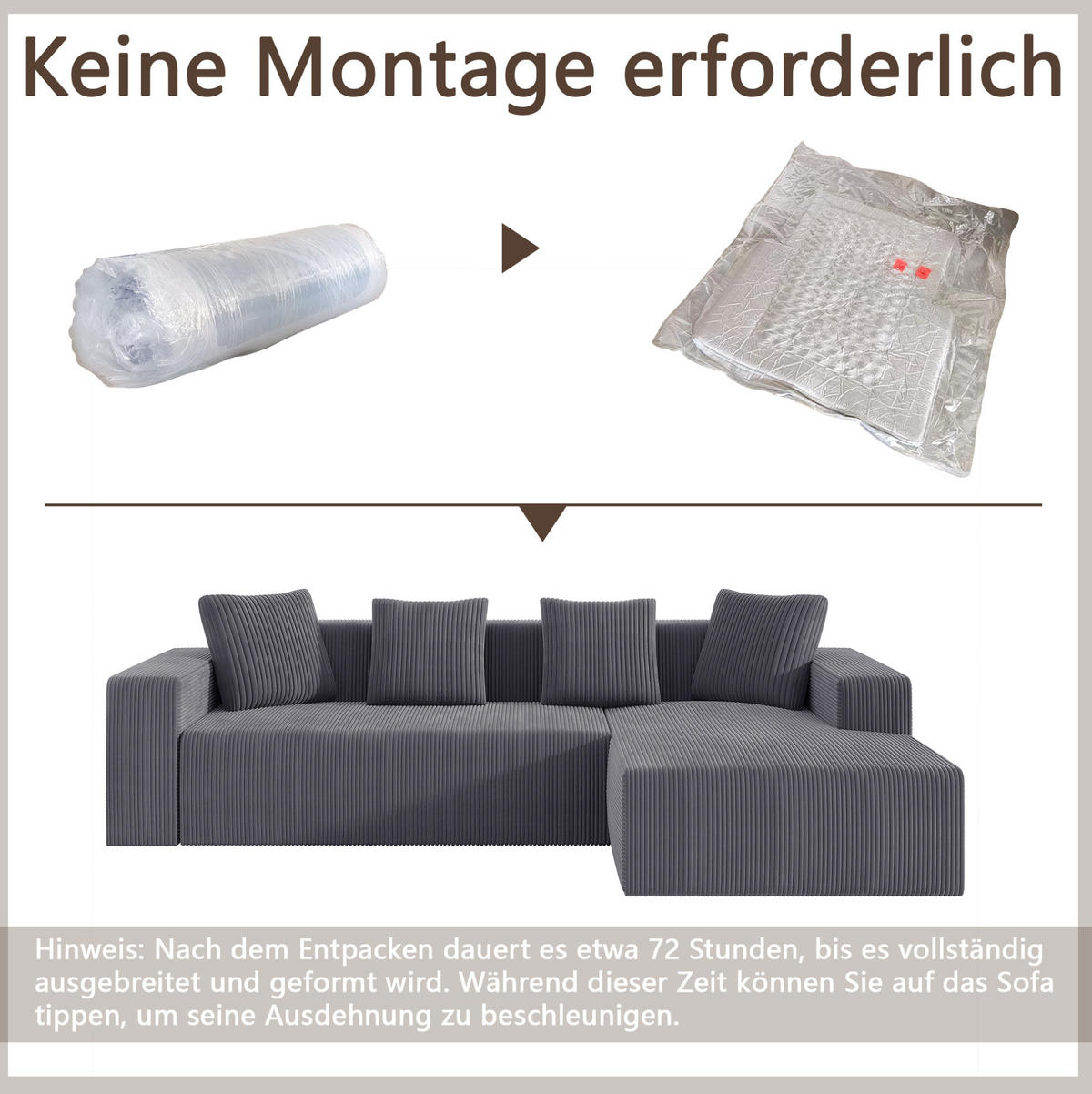 ECKSOFA 261/146/65 cm grau aus Cord mit Liegefunktion - Grau, Textil (146/261cm) - OKWISH