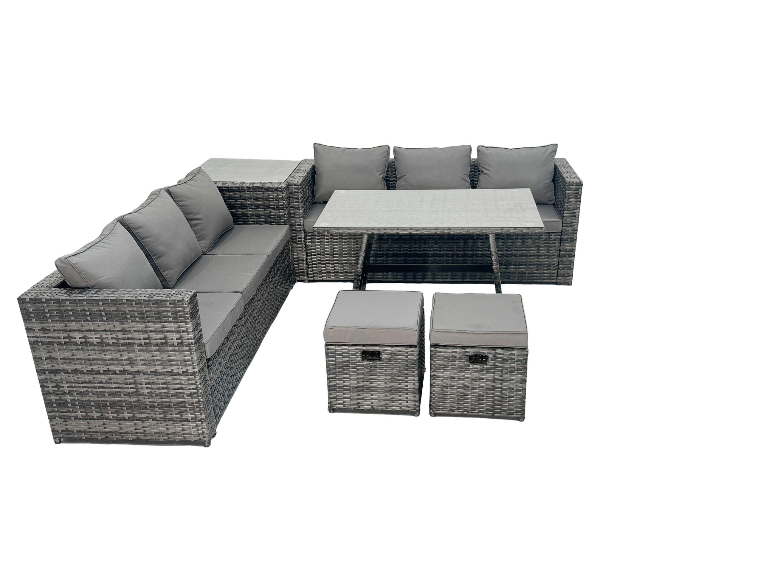 GARTENMÖBELSET mit Hocker Esstisch 8-Sitzer Grau - Dunkelgrau/Grau, Glas/Kunststoff - Fimous