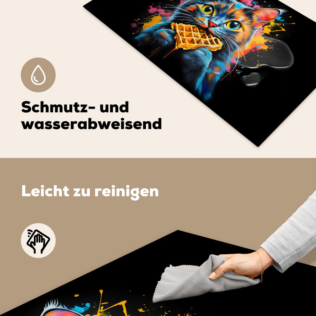 HERDABDECKPLATTE Katze - Graffiti - Bunt - Waffel - Essen Induktionsschutz 91.2x52 cm - Multicolor, Kunststoff (91.2/52/0.2cm) - MuchoWow
