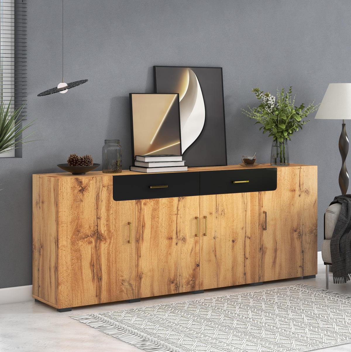SIDEBOARD 208/39,5/80 cm mit 4 Türen & 2 Schubladen in Weiß/Braun - Braun, Holzwerkstoff (208/80/39.5cm) - BEAOK