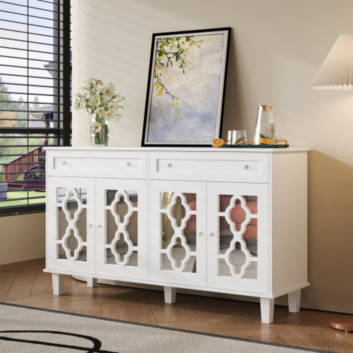 SIDEBOARD Weiß aus MDF mit Spiegeltüren und kristallförmigen Griffen 140×40×83 cm - Weiß, Holzwerkstoff (140/83/40cm) - Luhomfu