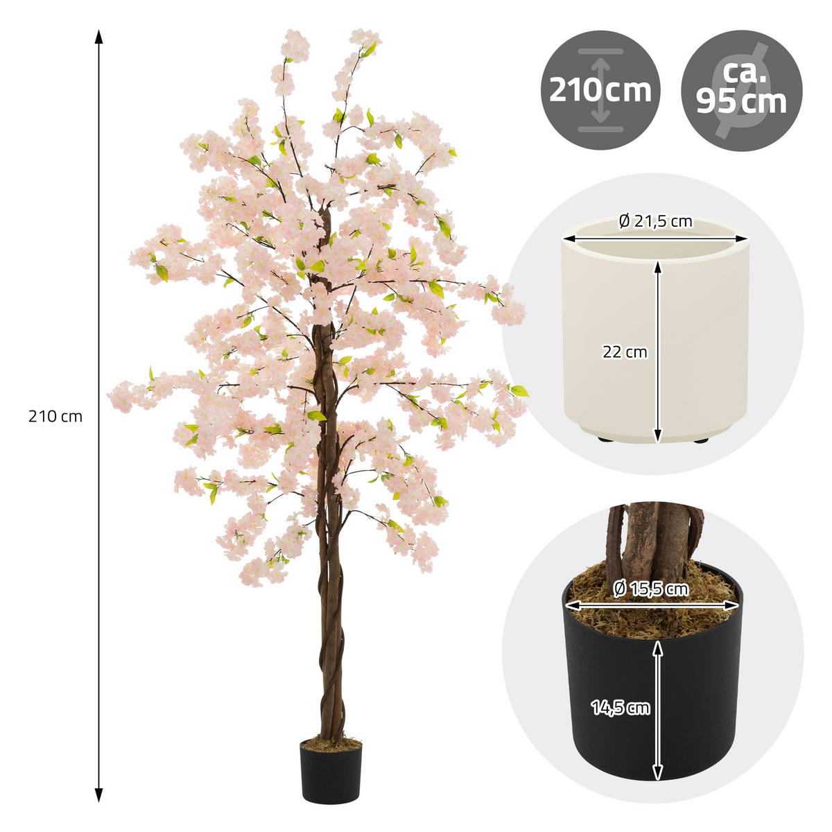 UMĚLÝ TŘEŠŇOVÝ KVĚT 210 cm Růžový s kmenem z přírodního dřeva - růžová/černá, textil/plast (210cm) - ML-DESIGN