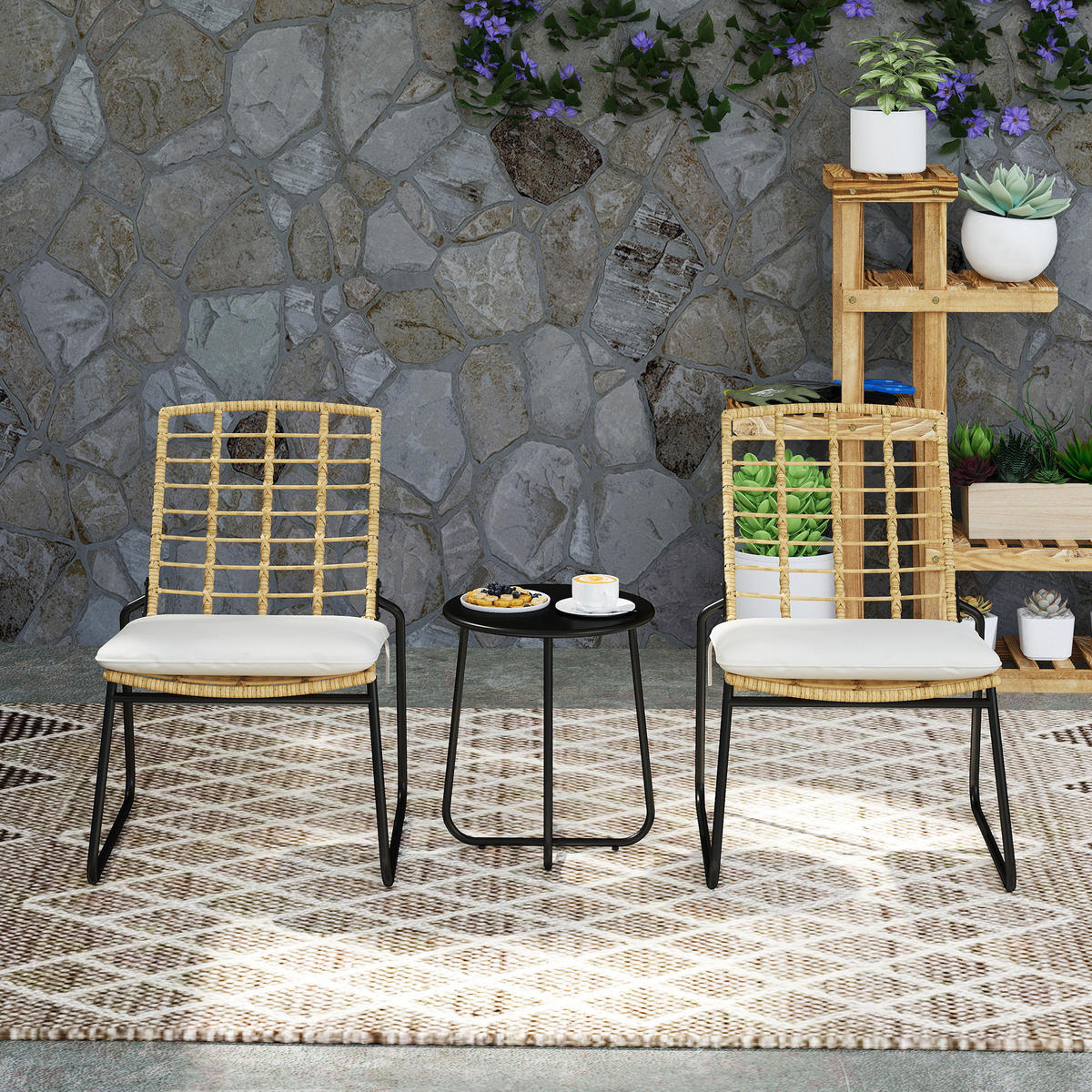 BISTRO-SET DE-06734 2 Stühle & Tisch mit Metallplatte Beige/Braun - Beige, Kunststoff/Metall - ComfortXL