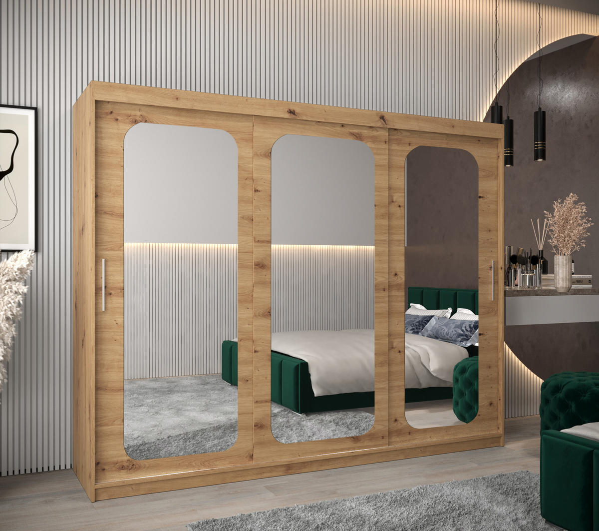 SCHWEBETÜRENSCHRANK 200/250/62 3-türig - Silberfarben/Eiche Artisan, Holz/Kunststoff (250/200/62cm) - MÖBEL KRYSPOL