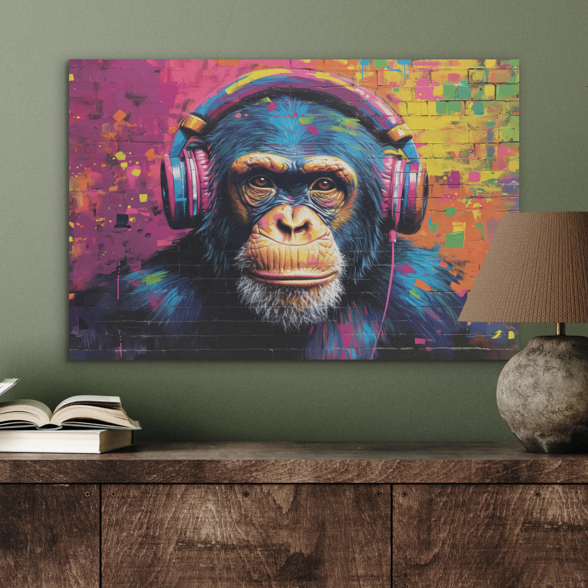 AKUSTIKBILD Graffiti - Schimpanse - Straßenkunst - Kopfhörer - Affe Wanddeko 70x50 cm - Blau, Kunststoff (70/50/0.9cm) - MuchoWow