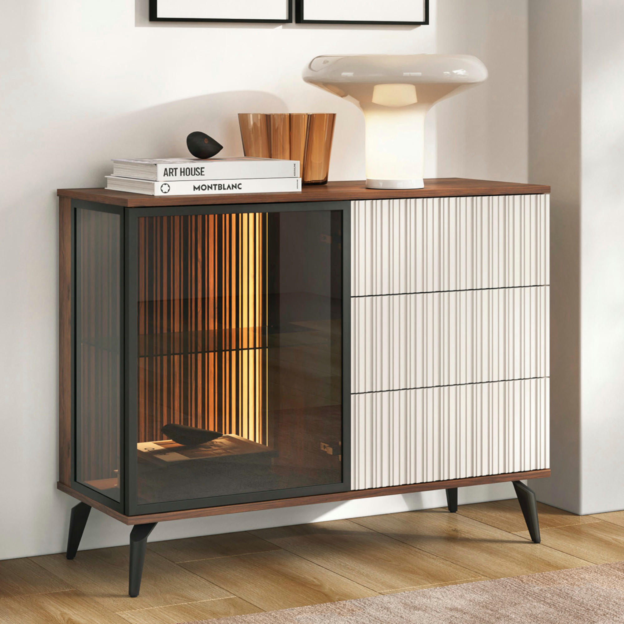 SIDEBOARD DAWSON KOM2 Profilierte Fronten Eiche Walnuss Kaschmir - Kaschmir, Holzwerkstoff/Kunststoff (103/80/39cm) - Komodee